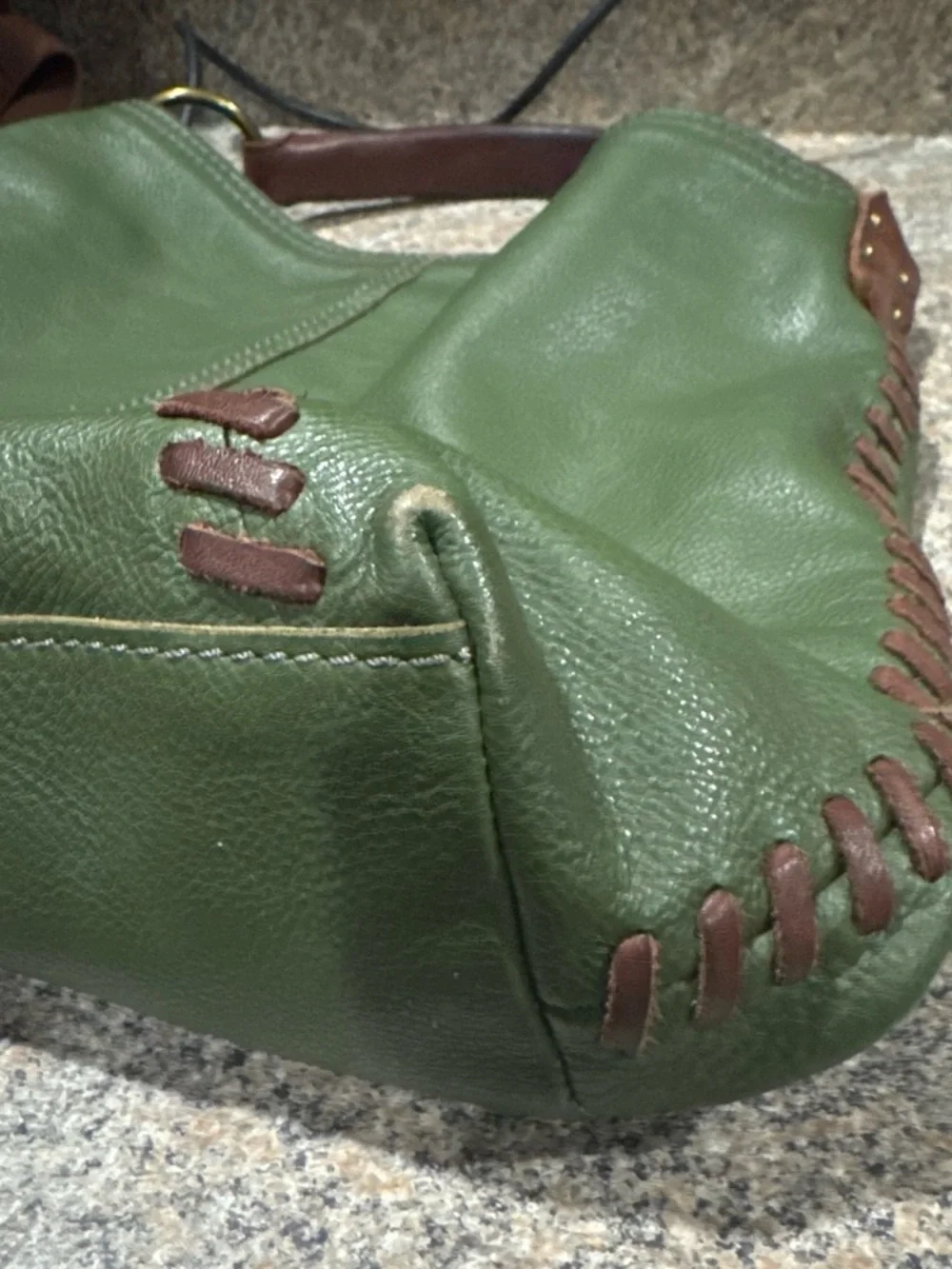 Vintage lucky Green Leather Hobo Bag with Brown Trim